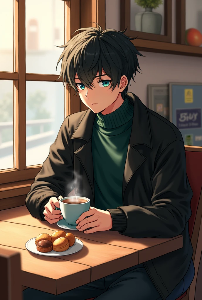 Anime man sitting at a table with a cup of coffee