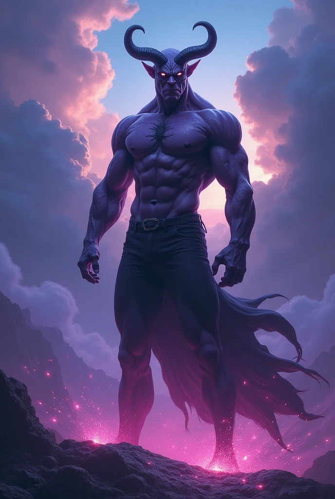 Handsome, muscular, and delicate demon without clothes, with a large, hard penis.