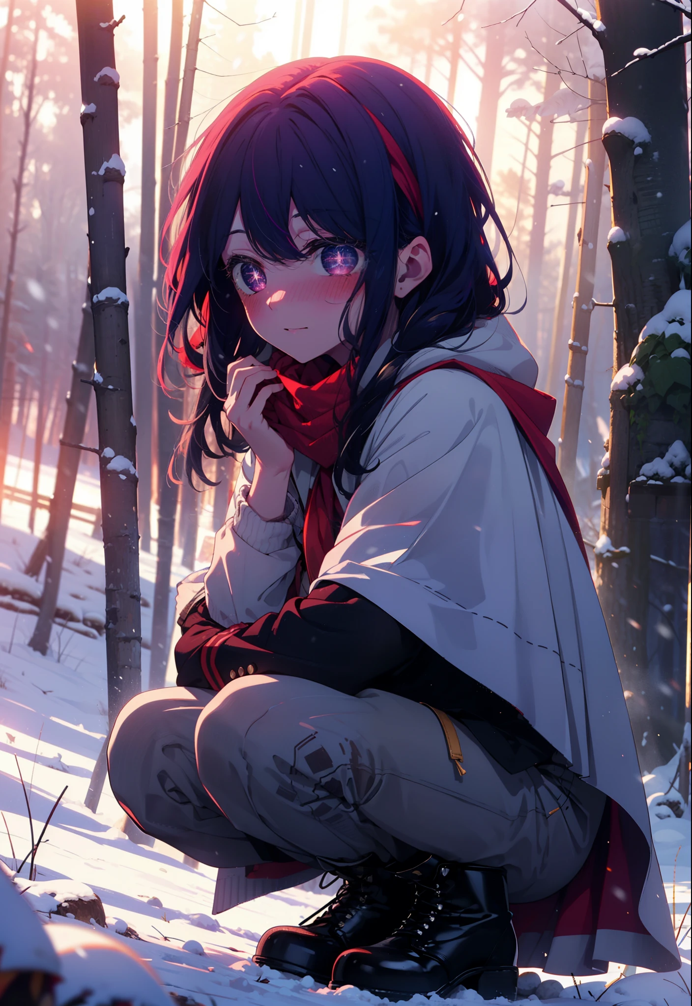 aihoshino, Ai Hoshino, Long Hair, bangs, (Purple eyes:1.1), Purple Hair, (Symbol-shaped pupil:1.5), smile,,smile,blush,white breath,
Open your mouth,snow,Ground bonfire, Outdoor, boots, snowing, From the side, wood, suitcase, Cape, Blurred, , forest, White handbag, nature,  Squat, Mouth closed, Cape, winter, Written boundary depth, Black shoes, red Cape break looking at viewer, Upper Body, whole body, break Outdoor, forest, nature, break (masterpiece:1.2), Highest quality, High resolution, unity 8k wallpaper, (shape:0.8), (Beautiful and beautiful eyes:1.6), Highly detailed face, Perfect lighting, Extremely detailed CG, (Perfect hands, Perfect Anatomy),