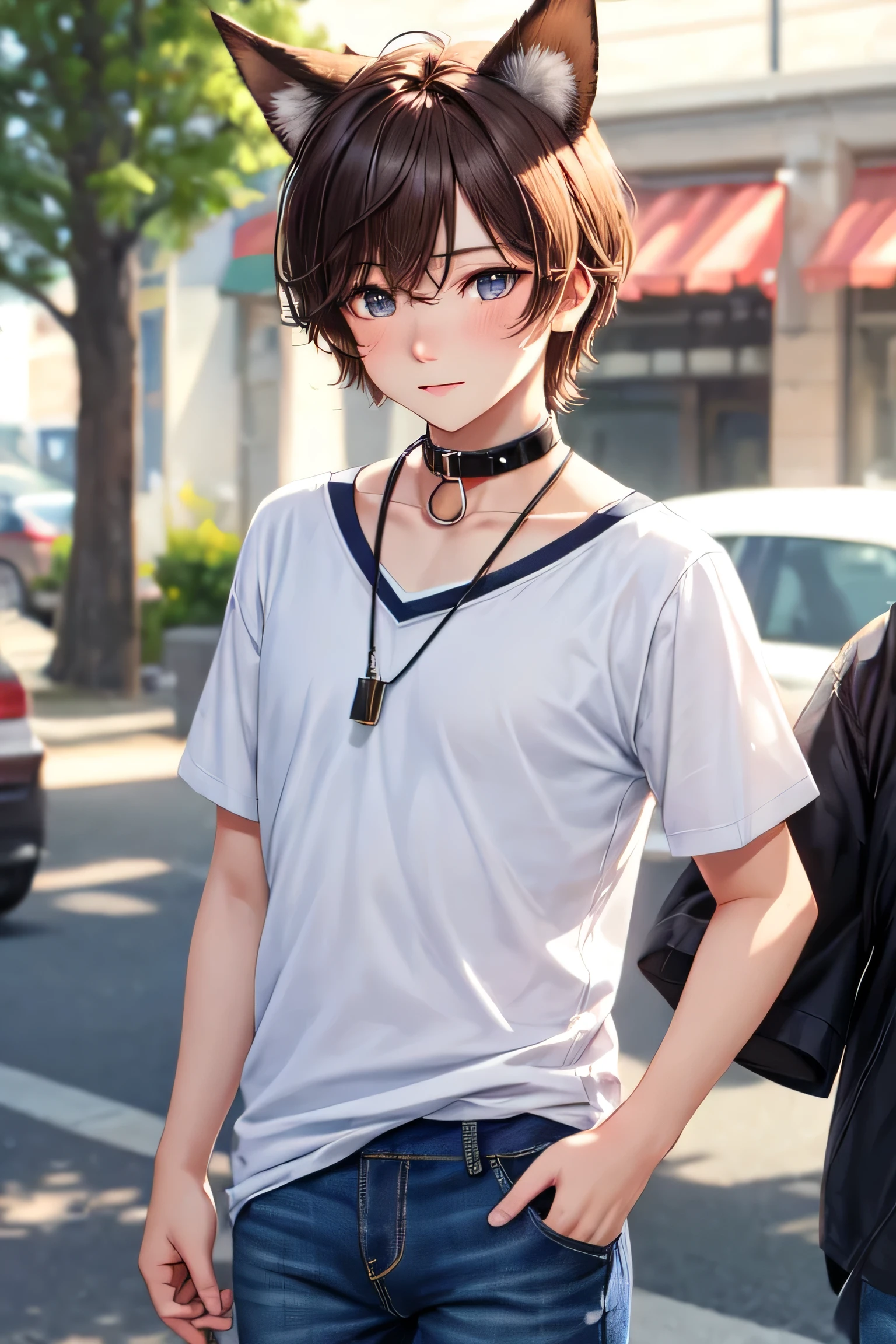 ((exceptional quality)), ((masterpiece)), (detailed), perfect face, perfect eyes, expressive eyes, short brown hair, dog ears, dog tail, male body, male, collar around neck, short sleeve shirt, jeans, blushing, holding hands behind back, subject clearly visible, subject's facial features clearly visible, no background