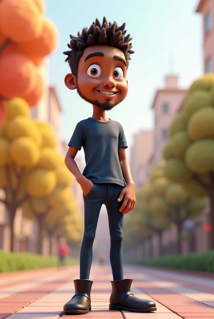 Create a single adult male 3D mascot standing tall, light brown, very thin, no beard, with curly hair ,very short and very spiky and bald , wearing a dark blue shirt with no logo or details, black boots, dark blue pants with slightly skinny legs , realistic pixar model