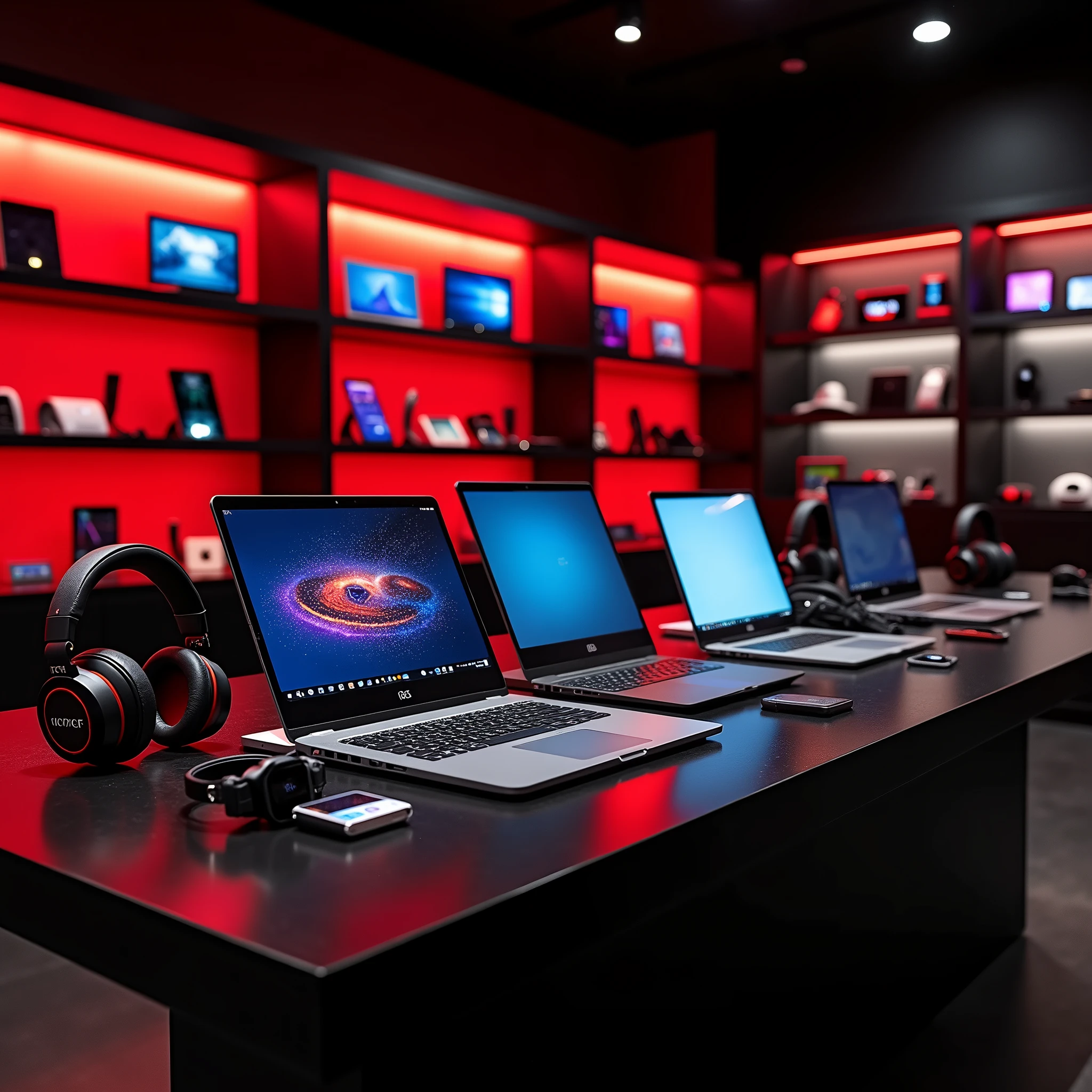 basically i have laptop shop need image laptop with all accessories
like headphone watches mobile etc
add red and black shade