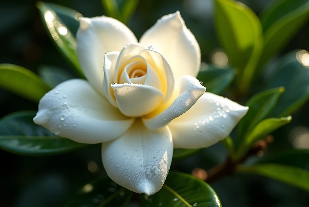 gardenia flower, WHITE, on a green bush, close-up image of the flower