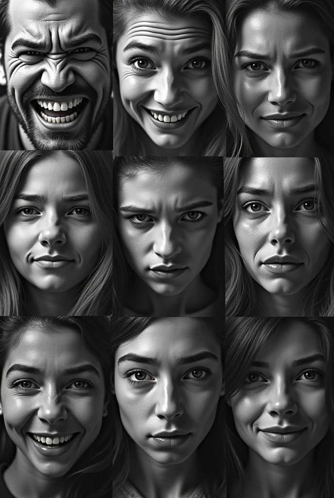Many faces of different people turning to different angles with different intensive facial expressions including anger, happiness, stress, awe, smilling from pain, crying, sad, and pleased. Black and white
