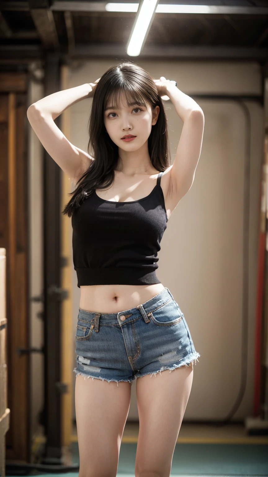 ((1girl)), woman, masterpiece, best quality, highest quality, cinematic lighting, (volumetric lighting), extremely detailed CG unity 8k wallpaper, focused, 8k wallpaper, extremely detailed, ultra realistic, photorealistic, sharp focus, absurdres, (HDR:1.2), (high contrast), photograph, detailed and intricate, instagram, portrait, highly detailed, digital painting, artstation, concept art, smooth, sharp focus, illustration, cinematic lighting, (big breast:1.3), (((skinny, slim legs))), (japanese idol posture), (knit strap tanktop, short pants, cleavage), looking at the viewer, ((arms up)), ((Standing)), ((Medium body shot, hip level shot)), long hair