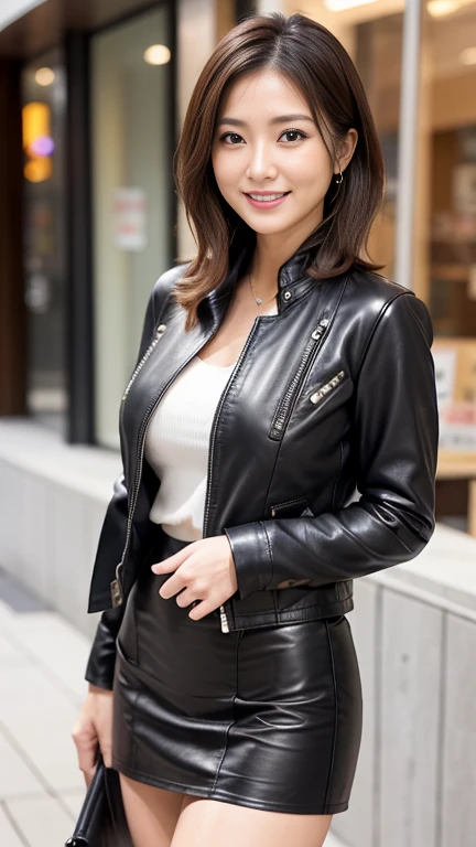 
最high quality, 8k, Vibrant, Sharp focus, high quality, High resolution, Middle-aged women, Mature Woman, 55 years old, (Whole Body Ezbian), (High heels face detail, Highly detailed eyes, Plump figure、Plump face、((big 1.6))、(((Large Breasts)))、((Black leather clothing))、Busy Street、Random Hairstyles、A kind smile、(Leather Fashion、leather jacket、Leather skirt、boots、)、