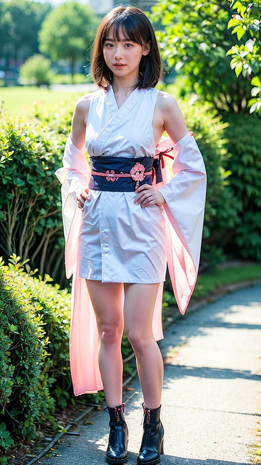 (8k、RAW Photos、Highest quality、masterpiece:1.2)、(Realistic、Realistic)、1 girl、((Long-sleeved kimono、white、pink、navy blue、Shoulder visible、 enlargement、boots、ribbon、garden、Thin legs、Long skirt、whole body、View from the front、Looking into the camera、Stand with hands on hips))、cute
