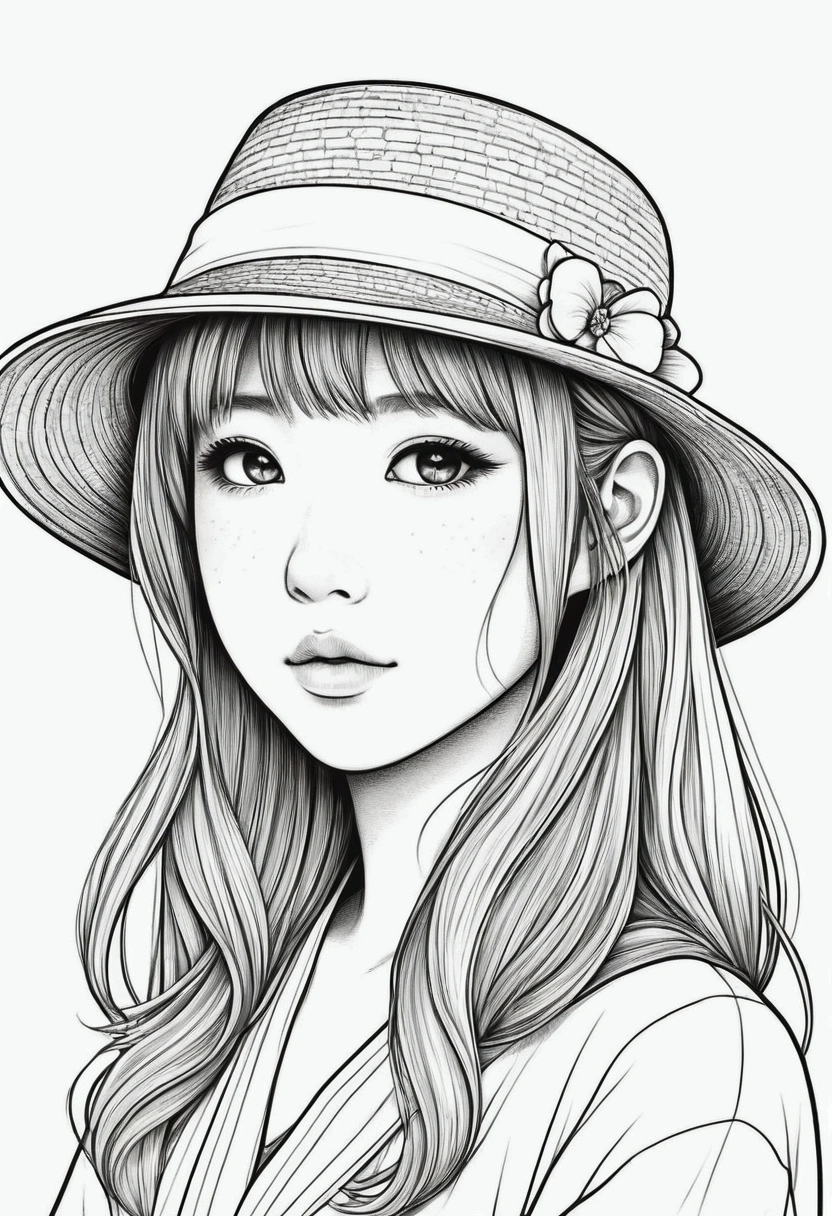 kaway garden hat kawai, cartoon style, fundo de line drawing, white background, monochrome, line drawing, ((outline)), Coloring Sharp Thick Lines. kawaii, simple and low details