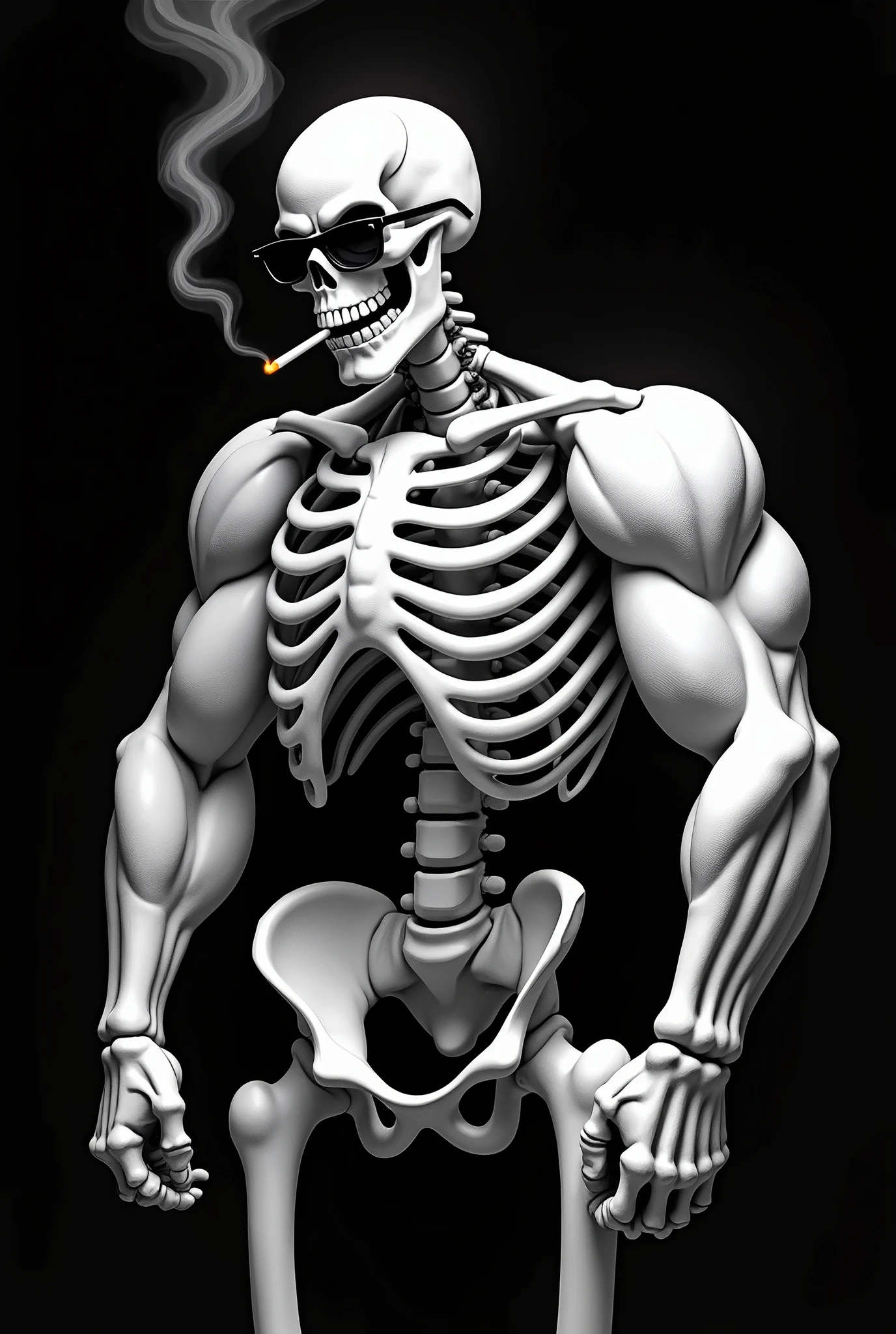 Create a white muscular skeleton ,with very large white muscles in the arms ,smoking a lit cigarette and wearing black glasses , Against a black background (100%), I want it to be very muscular