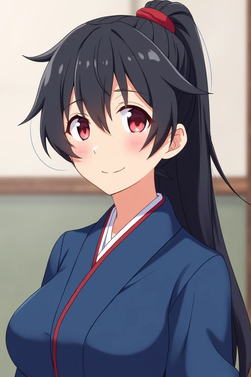 with very long black hair tied in a ponytail、Wearing a uniform like a blue kimono。
quality, 高quality, High-resolution model, detail, 最高quality, Anatomically correct, masterpiece, High resolution, accurate, chest, 大きなchest, smile, Red eyes, anime, anime風, 