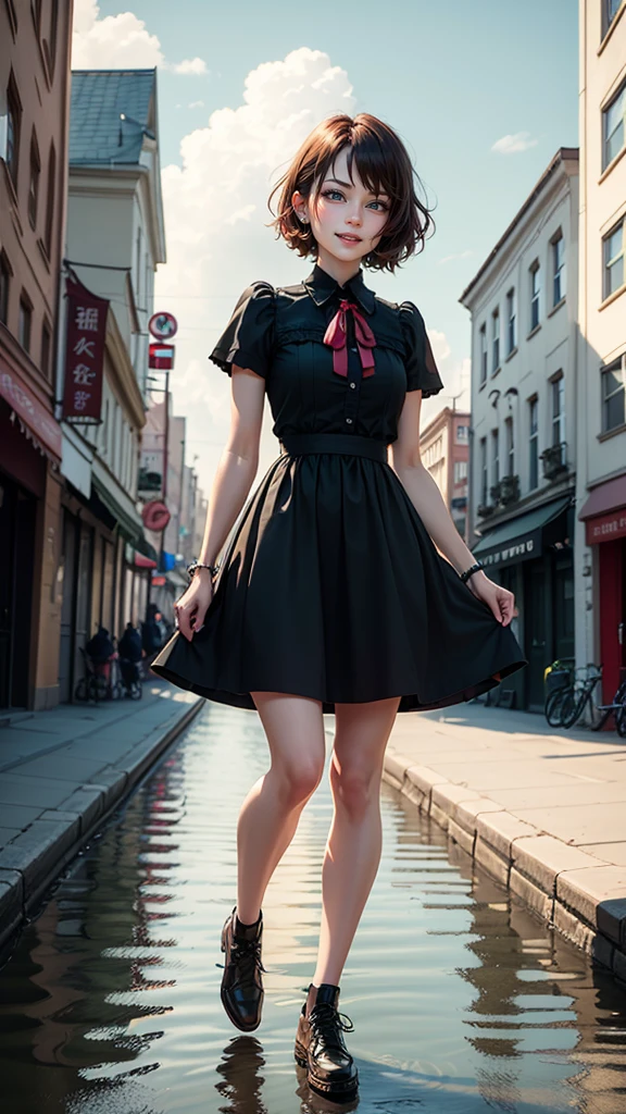 (masterpiece,up to date,Exceptional:1.2), anime,One person,前hair,black_hair, Beautiful 8k eyes,green_null,bridge,building,city,city,cityscape,cloud,Day,dress,Looking_in_Audience,Outdoor,red_Neckwear,red_ribbon,ribbon,river,short_hair,short_sleeve,null,nullscraper,一人in,Are standing,town,winer