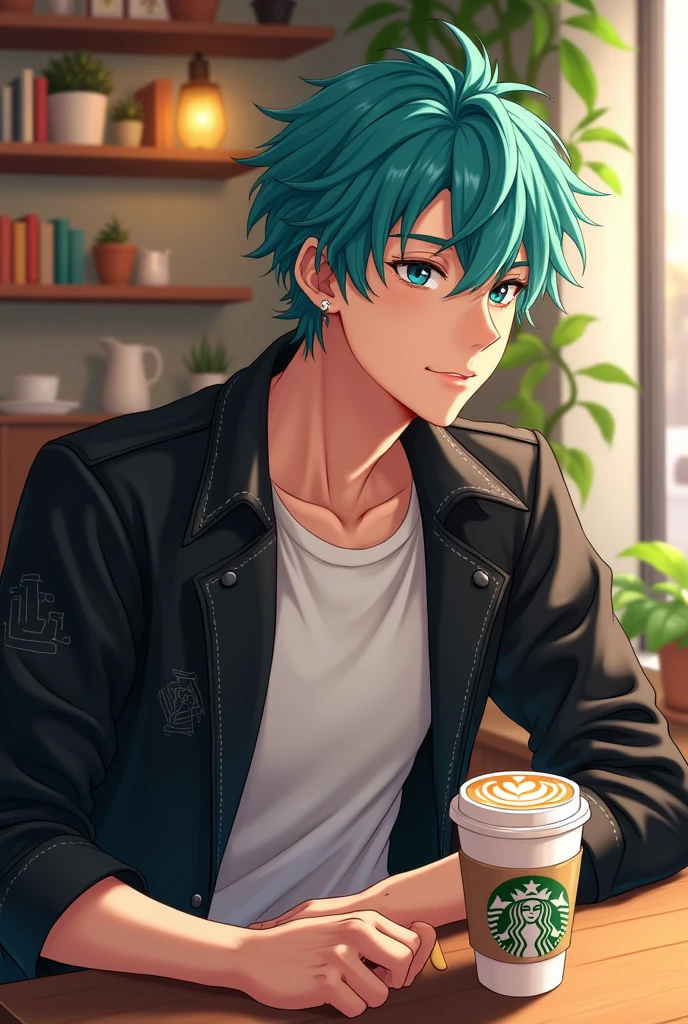 Anime man sitting at a table with a cup of Starbucks coffee