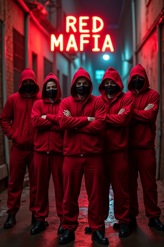 Group of masked mafia men and women in red with the writing "RED MAFIA"
In the photo