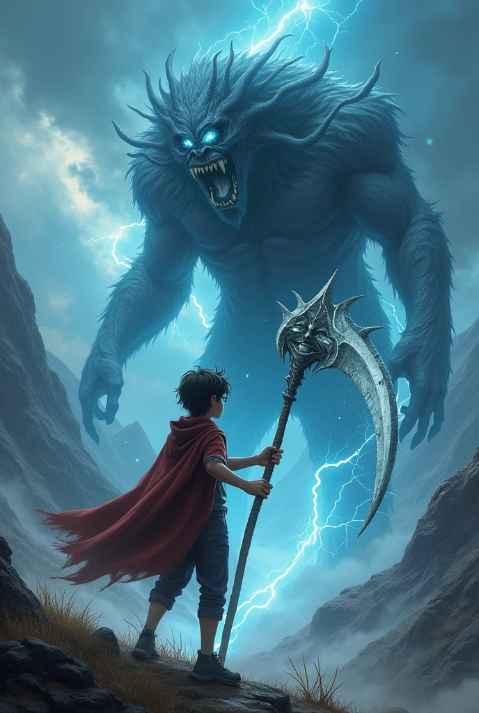 Create a teenage boy with shoulder length hair and glasses who is fighting a giant ghostly monster with two faces and the boy uses a scythe with black thunder, in a mountainous setting