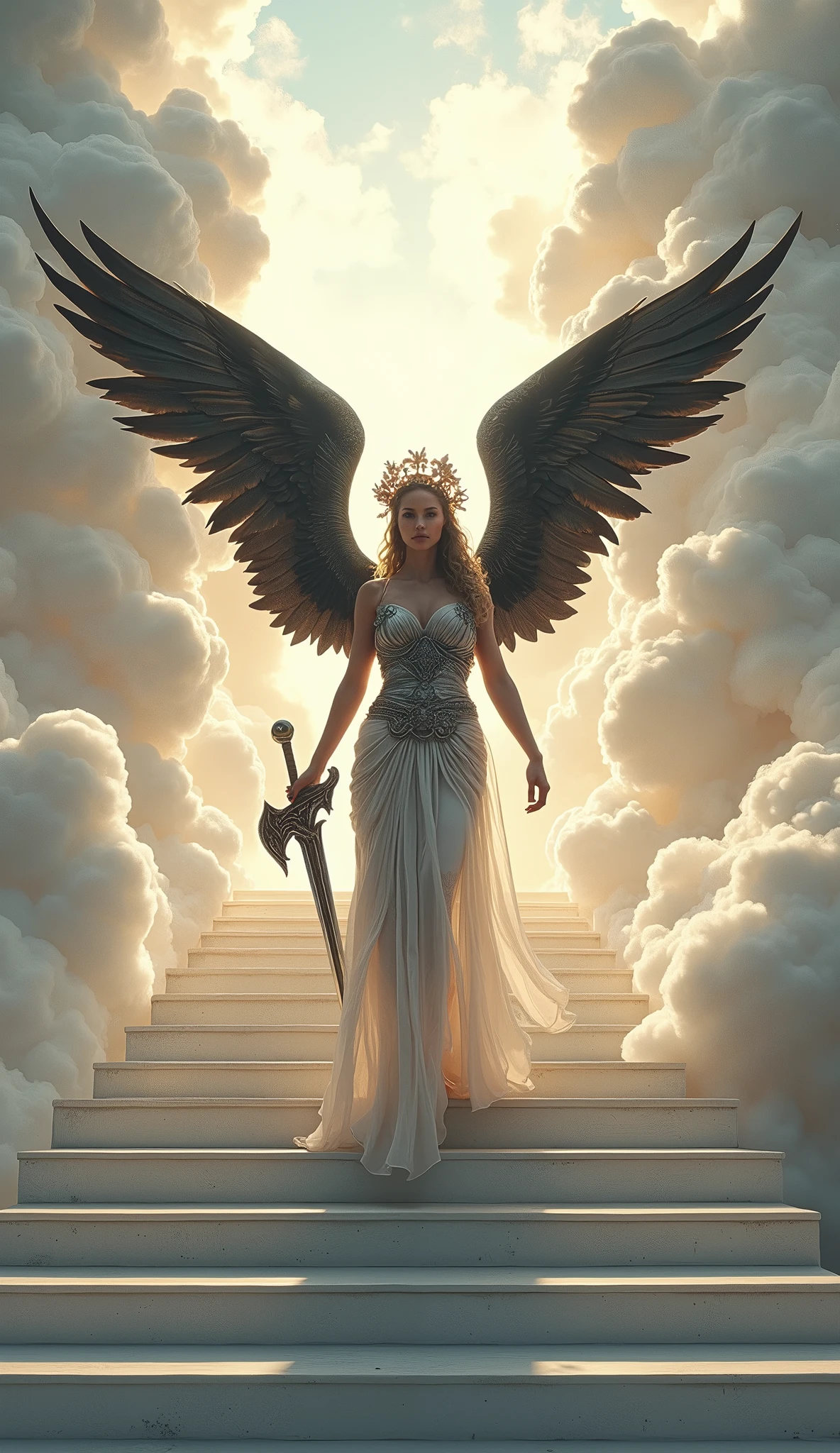 greece goddes down from the cloud heaven, descending the white stairs marble elegantly, glowing tiara vines of angel on the head, black demon dragon wings, so shiny sky with fabric along the clouds, claymore sword in the right hand, fighting stance, wearing beautiful metal armor chesplate dress
