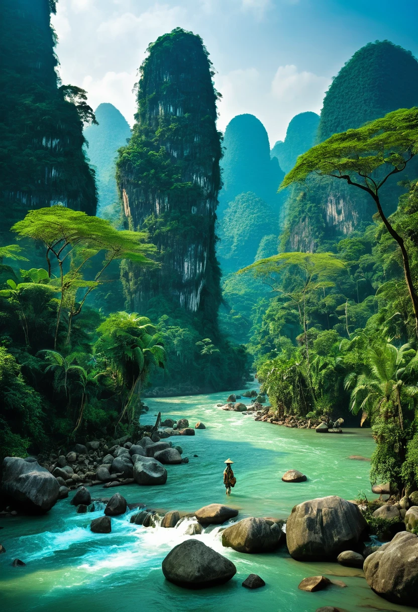 araffe standing on a rock in a river surrounded by trees, karst pillars forest, mountains river trees, majestic nature scenery, jungles of vietnam beautiful, stunning nature in background, chinese landscape, forest and river, very beautiful scenery, beautiful jungle landscape, amazing landscape, trees and cliffs, . background: jungle river, mountainous jungle setting, beautiful jungle