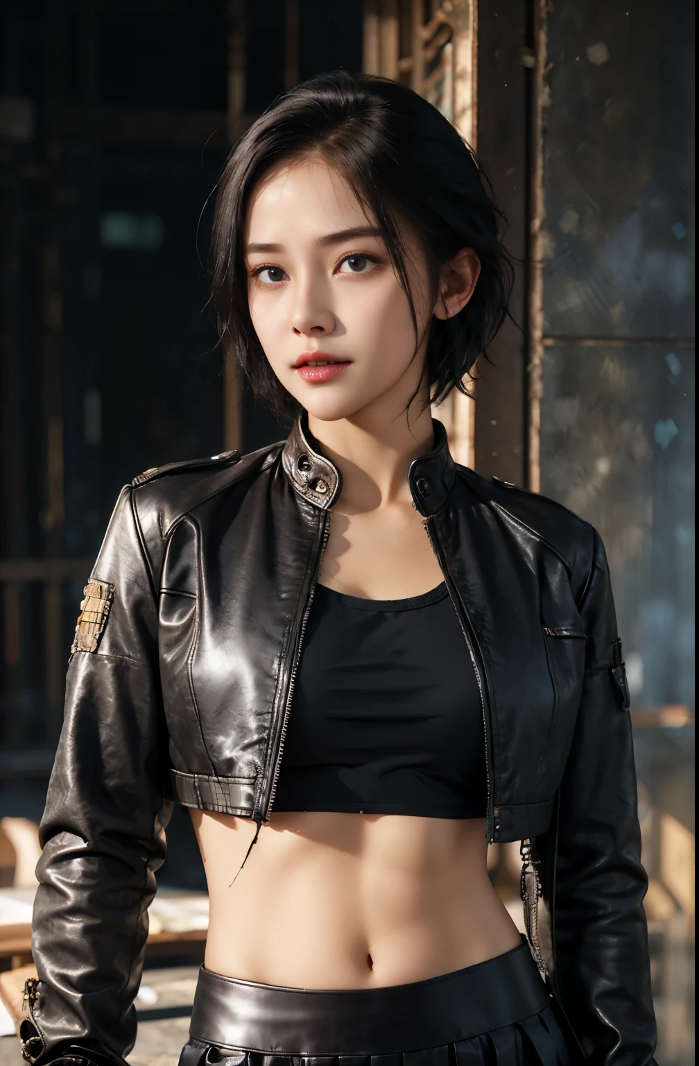(forehead, cropped jacket, Abs, diaphragm, glaring, Short hair, black hair, eye line:1.3), (table top, best quality, beautiful quality), (realistic:1.4), (detailed lighting, very detailed 피부, very detailed hair, empty, 8k, T-shirt photo, 1 girl:1.2), View viewer, (High-key lighting), table top, highest quality, best quality, official art, Unity 8k의 배경화면, highest resolution, Super high resolution, very detailed, beautiful and aesthetic，distressed expression，dark room、belly button discharge、Bust emphasis、Leather skirt、beautiful bridge、full body image、Cute face