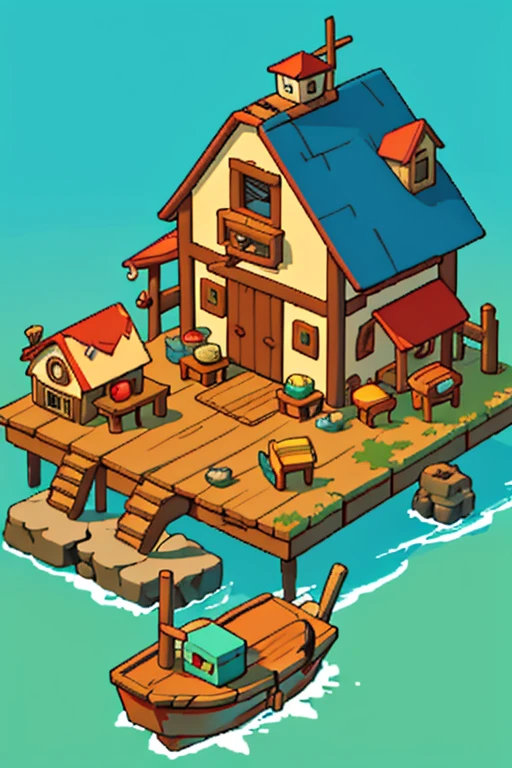 A whimsical, cartoonish fishing shack that is also an old lighthouse with large barn doors and an island in the background. The roof of the shanty has weathered to reveal wooden beams, and it's adorned with various fishing nets and surrounded by floating fish-shaped cushions. A seagull perches on top, while colorful fishing boats dangle from its walls. In the style of Pixar animation.

