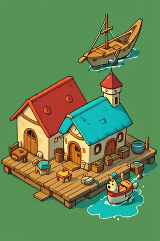 A whimsical, cartoonish fishing shack that is also an old lighthouse with large barn doors and an island in the background. The roof of the shanty has weathered to reveal wooden beams, and it's adorned with various fishing nets and surrounded by floating fish-shaped cushions. A seagull perches on top, while colorful fishing boats dangle from its walls. In the style of Pixar animation.