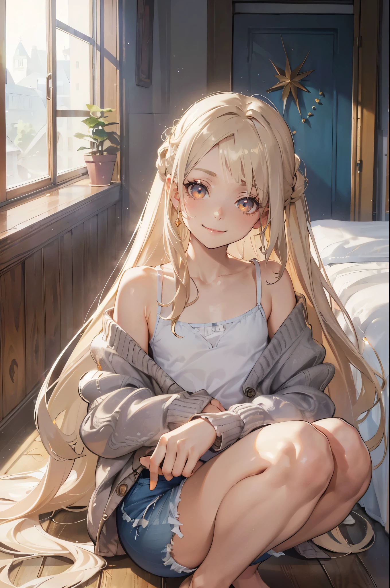 Photorealistic:1.5, Beautiful woman, hairstyle that bounces outward, (platinum blond hair:1.5), (platinum blond eyelash:1.5), (parted bangs:1.5), (amber color eyes:1.5), (sleepy face:1.5), (smile:1.5), blush:1.2, (tilt one's head:1.5), (hairpin:1.1), (masterpiece:1.3), (best quality:1.3), high-resolution, Head-on angle, Body facing forward, solo, beautiful detailed eyes, mid day, (((best quality, textile shading, ultra detailed))), extremely detailed CG unity 8k wallpaper, Highly Detailed beautiful and aesthetic, high resolution, detailed, dramatic lighting, 1Character, soft, gentle colors, (flat chest:1.5), (white camisole:1.5), (blue shorts:1.5), (Navel peeking out a little:1.2), (super long hem summer cardigan:1.5), (skinny:1.5), blur background, outdoor, squatting:1.2,