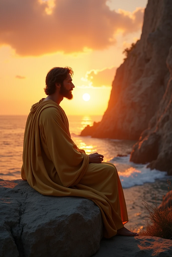 (photorealism:1.2), handsome Jesus Christ, sitting on the big rock in the cliff seeing sunset, wearing the gold elegant clothes of the king, the light in his head and heart spreading all over, short beautiful hair of handsome Jesus Christ, outdoors, soft lighting, sunset in background, warm sea with sunset, cozy sunset, relaxed pose, realistic, intricate details, warm colors,