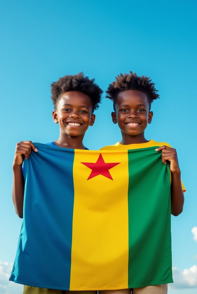 Des gabonais jumeaux avec le drapeau de la République gabonaise ,le drapeau doit être vert jaune bleu derrière lui ,ajuste bien les couleurs du drapeau gabonais