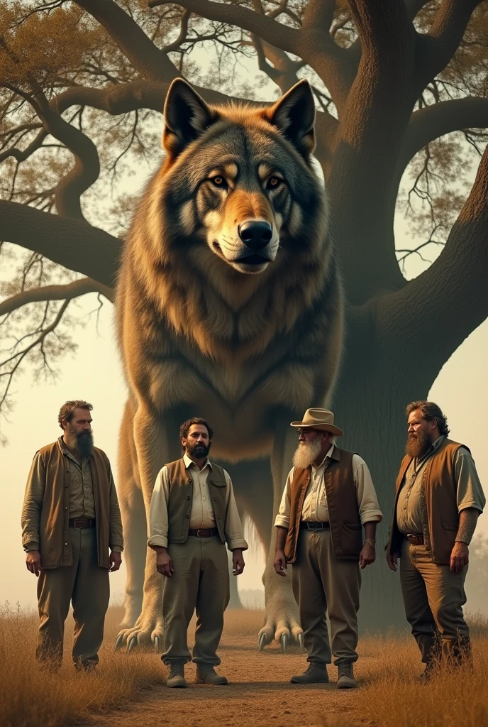 Create an image with an old aesthetic, in a yellowish tone, resembling a photograph from the 19th century. into the image, show a group of four bearded men, wearing simple, worn-out clothes, like shirts, vests and thick pants, typical of the time. They are standing beside a gigantic and strange creature, like a wolf of immense proportions and fierce appearance. The wolf must have piercing eyes, a thick, unkempt coat, and a threatening posture, highlighting its colossal size in comparison to the men. The creature should be positioned next to a large tree, further highlighting their impressive stature. The scene should convey an air of mystery and fascination, evoking the feeling of an extraordinary encounter with a legendary beast in times past."