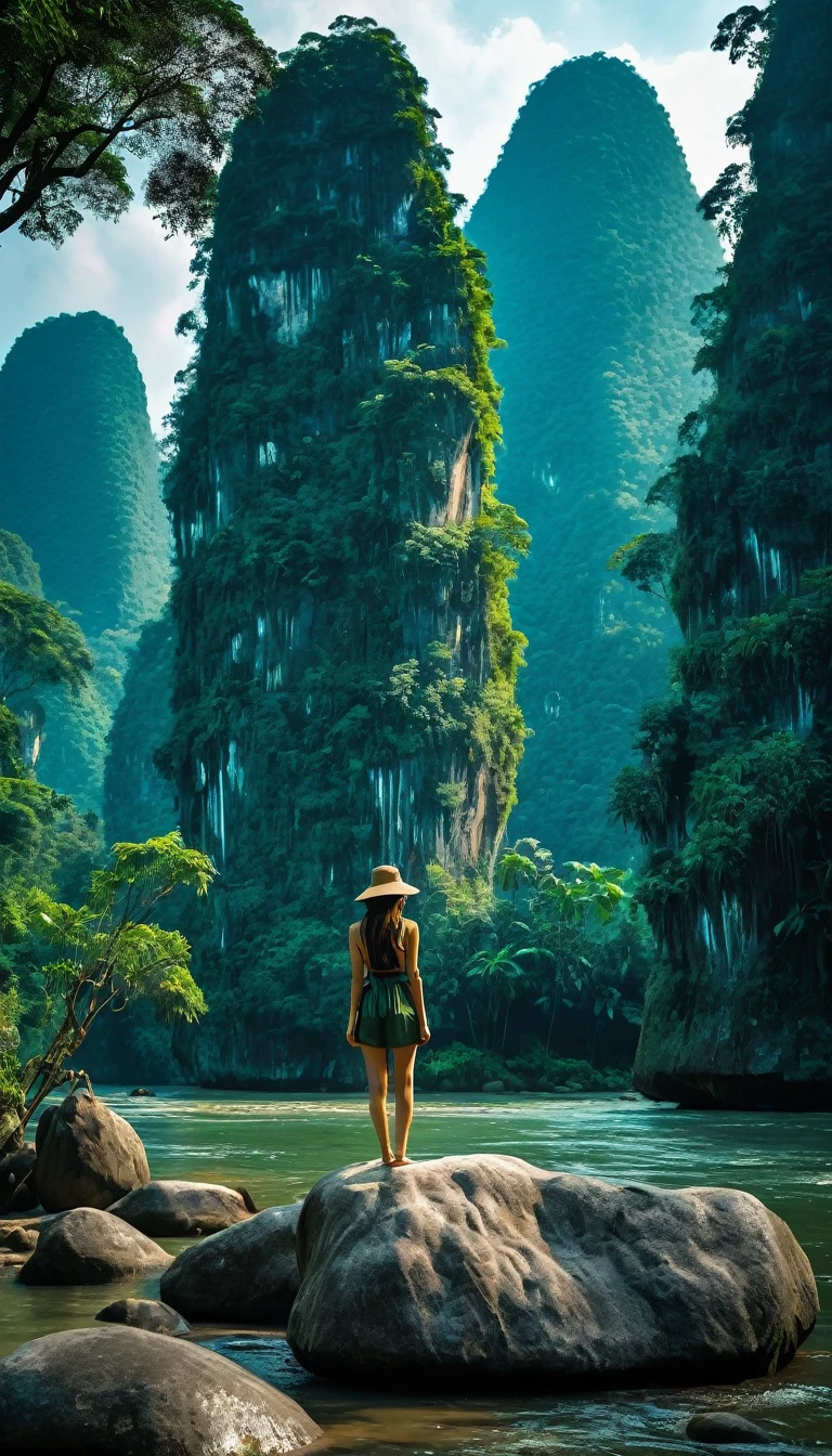 araffe girl standing on a rock in a river surrounded by trees, karst pillars forest, mountains river trees, majestic nature scenery, jungles of vietnam beautiful, stunning nature in background, chinese landscape, forest and river, very beautiful scenery, beautiful jungle landscape, amazing landscape, trees and cliffs, . background: jungle river, mountainous jungle setting, beautiful jungle