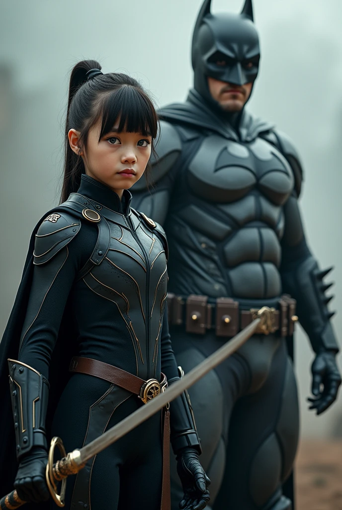 Two people. Daughter (Superhero, modern superhero costume, Color scheme: Black, Stealth, Tactical White, Contrast, Strategic, Accent, Costume details: Inserts Stripes Elegant Dynamic Logo Symbol Unique Mask and accessories: Black Mask Piping Belts Holders Buckles Fasteners Armor and functionality: Pads Elbows Knees Decorative Protective Armored plates Accents, costume for a girl, ninja, with a Chinese sword, a beautiful Chinese woman with blue eyes, a Chinese woman with bangs, a courageous character, kind, brave, determination), Father (Batman, Caucasian European appearance, Black cape, Mask with bat ears, Muscular suit, Helmet with a closed face, Belt with equipment, Thick armor, Spiked gloves, Bat symbol on the chest) on battlefield, atmospheric perspective, motion blur, 8k, super detail, best quality, uhd, high detail