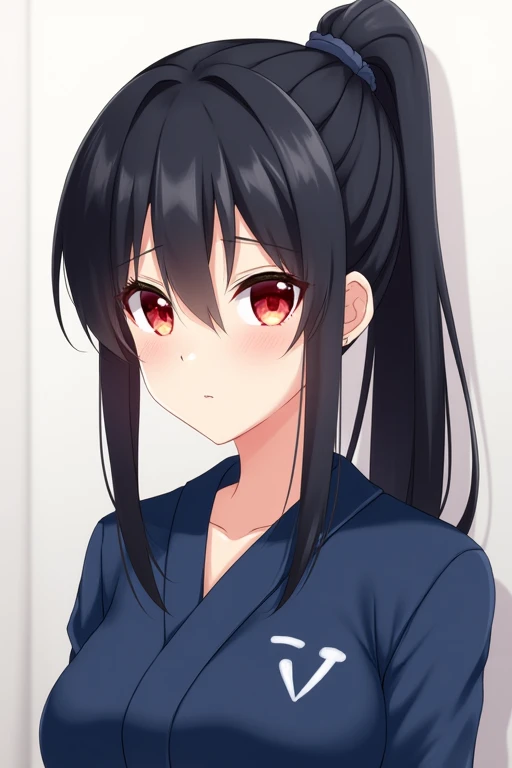 with very long black hair tied in a ponytail、Wearing a uniform like a blue kimono。
quality, 高quality, High-resolution model, detail, 最高quality, Anatomically correct, masterpiece, High resolution, accurate, chest, 大きなchest, smile, Red eyes, anime, anime風, Yandere, Tsundere, Crazy Eyes, Jealousy, Sad face,