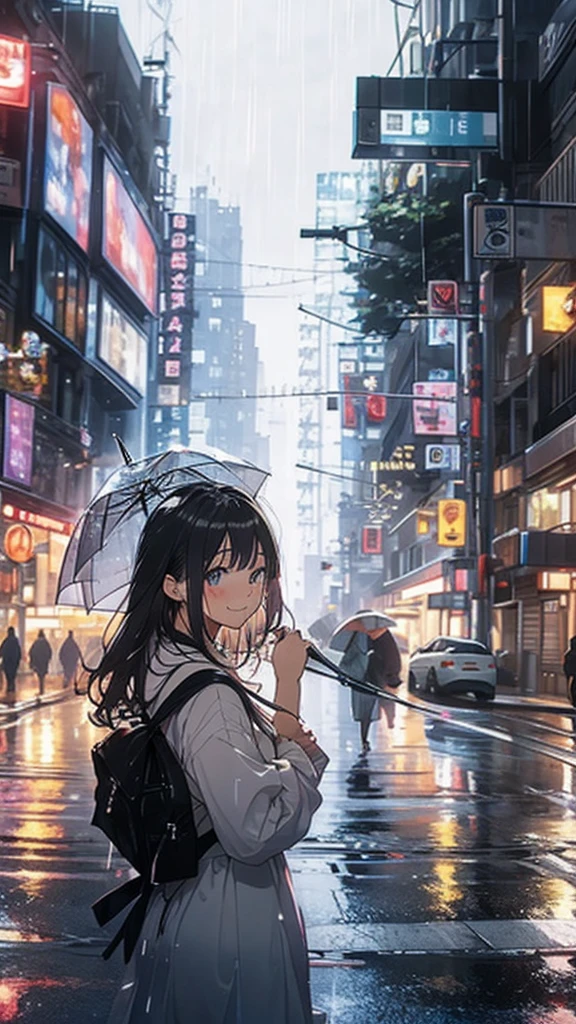 rain, rain, rain, standing, accidentally, saw_you, rain-soaked, city_street, love, hurting, rain, washing_it_all_away, floral_umbrella, shared_glance, tears, smiling, holding_umbrella, closed_eyes, white_dress, black_hair, long_hair, city, street, pedestrians, building, car, road, traffic_lights