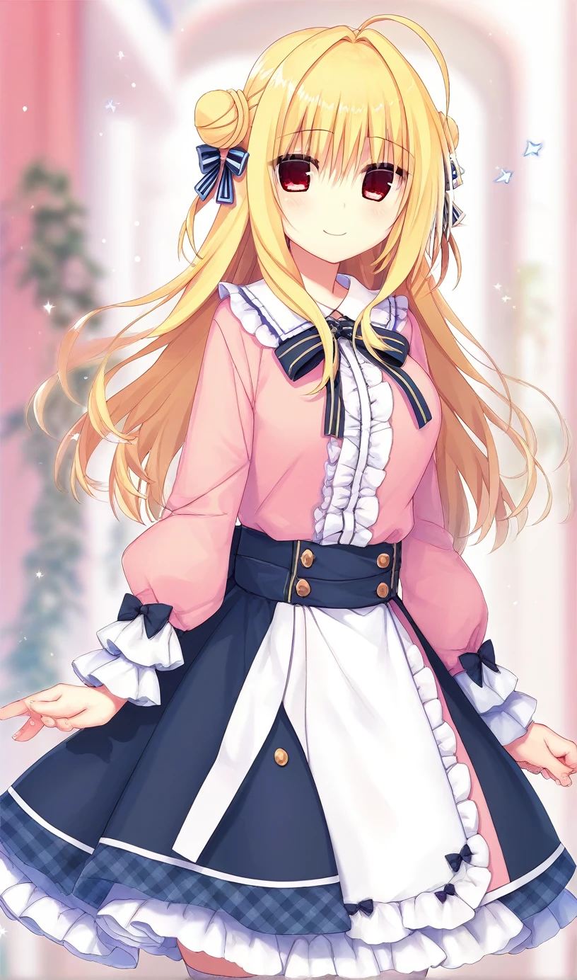 hiyori-default,red eyes,blonde hair, double bun,ahoge,skirt,shirt,long_sleeves,bow,very_long_hair,hair_bow,frills,puffy_sleeves,collared_shirt,(black_skirt:1.4),dress_shirt,black_bow,depth_of_field,lace_trim,puffy_long_sleeves,(pink_shirt:1.4),emphasis_lines,jiraikei_fashion,thighhighs,smiling