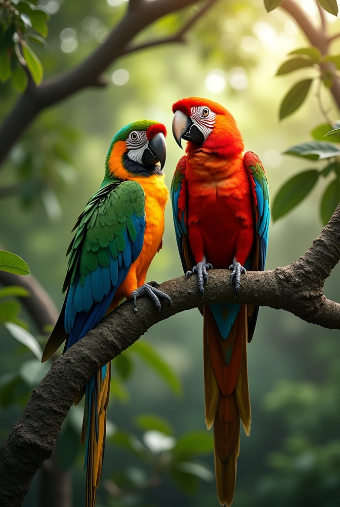 beautiful parrot pair sitting on tree, vibrant colors, 4k, hyper detailed, photorealistic, intricate feather texture, lush foliage, natural lighting, dynamic composition, stunning realism