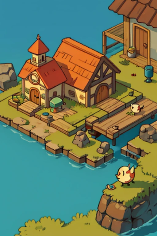 A whimsical, cartoonish fishing shack that is also an old lighthouse with large barn doors and an island in the background. The roof of the shanty has weathered to reveal wooden beams, and it's adorned with various fishing nets and surrounded by floating fish-shaped cushions. A seagull perches on top, while colorful fishing boats dangle from its walls. In the style of Pixar animation.

