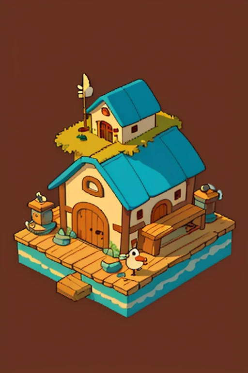 A whimsical, cartoonish fishing shack that is also an old lighthouse with large barn doors and an island in the background. The roof of the shanty has weathered to reveal wooden beams, and it's adorned with various fishing nets and surrounded by floating fish-shaped cushions. A seagull perches on top, while colorful fishing boats dangle from its walls. In the style of Pixar animation.