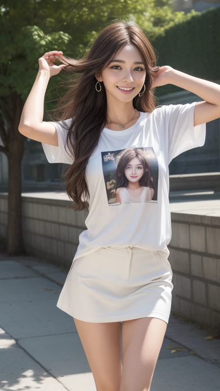 8k, Tabletop, RAW Photos, Highest quality, Realistic, Highly detailed CG Unity 8k wallpaper, Written boundary depth, Cinematic Light, Lens flare, Ray Tracing, (Very beautiful face, Beautiful Lips, Beautiful Eyes), Exquisitely detailed face, (Highly detailed skin) 1 person, Cute Korean, (K-POPアイドル), 1 person, (Very slim slender fit-muscled body:1.3), (View your audience)), (Smiling with white teeth:1.3),(Full body photo showing feet), ((No passers-by in the background)), Earrings, clock, necklace, belt, Clear Eyes, walk, (Pale skin), (Big eyes), (Brown hair body shot), (Fabric miniskirt),((White Print T-Shirt:1.3)), (View your audience:1.3) (,), Very slim, Large Breasts,Full body photo showing up to the toes,