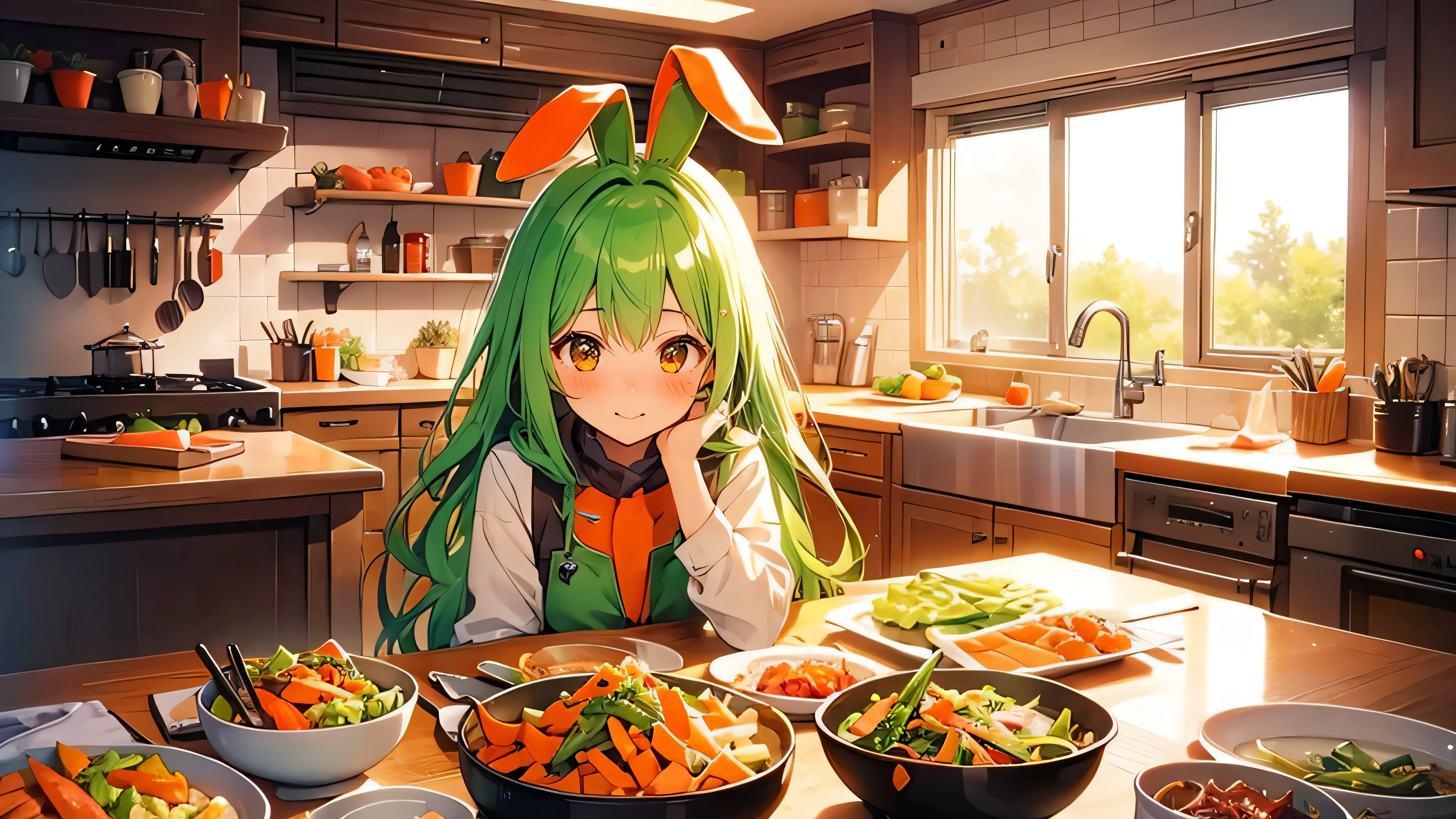Girl、Green Hair、Lots of carrots、Carrot salad、eat、Blushing、