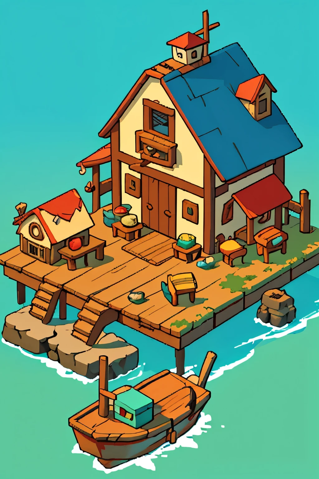 A whimsical, cartoonish fishing shack that is also an old lighthouse with large barn doors and an island in the background. The roof of the shanty has weathered to reveal wooden beams, and it's adorned with various fishing nets and surrounded by floating fish-shaped cushions. A seagull perches on top, while colorful fishing boats dangle from its walls. In the style of Pixar animation.