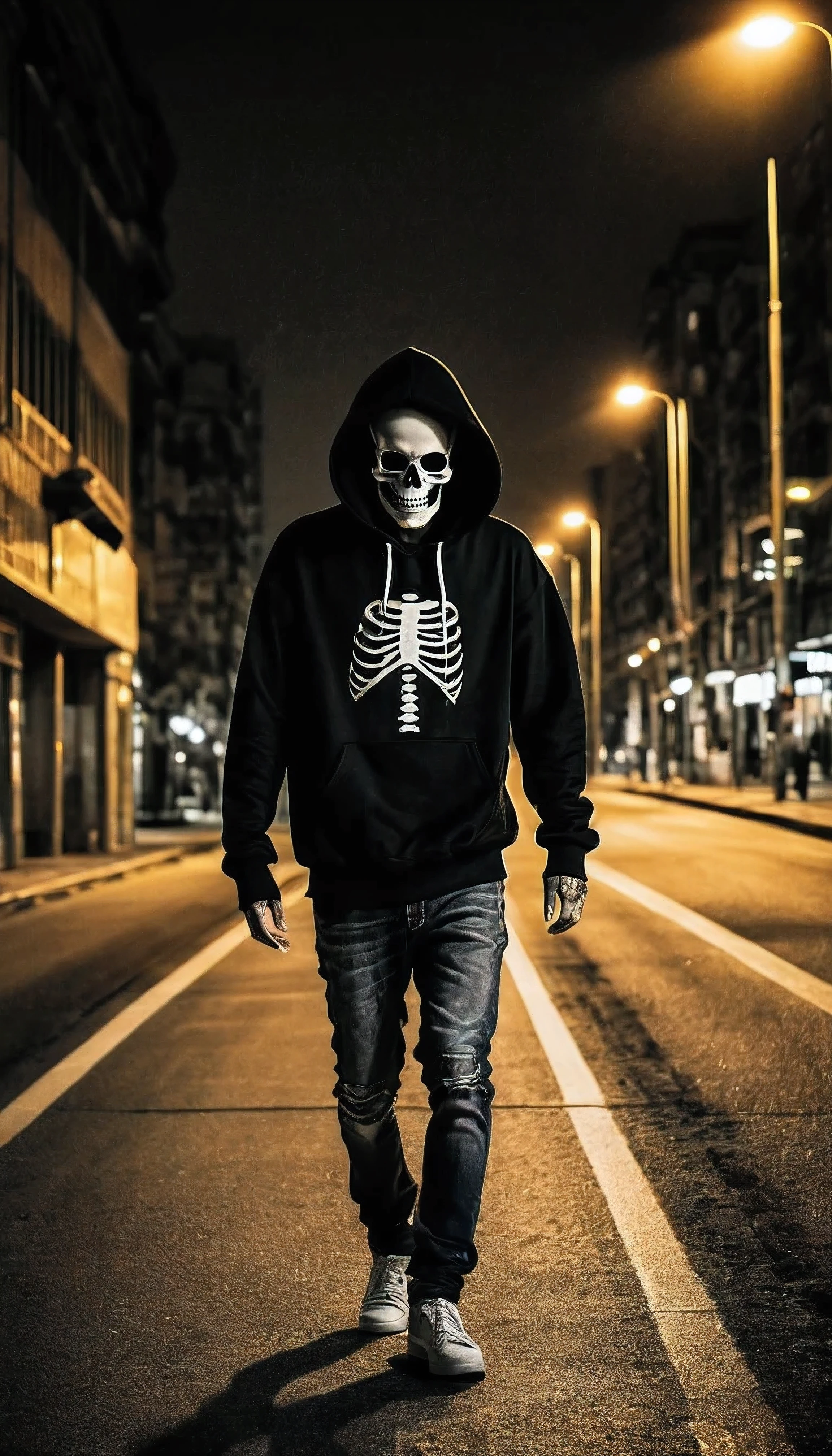 Skeleton head, riding bus, looking out window, hoodie, hood down, jeans, beanie, solo, muscular