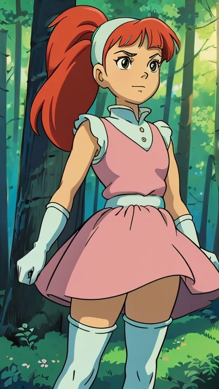 (Teens:1girl: atomic betty), (extremely detailed CG unit 8k wallpaper),(master part), (best quality), (ultra detail), (best illustration),(GHIBLI_Background), cowboy shot, (Sharp eyeliner, ombre, detailed eyes:1), forest, outdoor, ,break , (StudioGhibliStyleHMC)), upper body, ponytail, red hair, white gloves,pink dress, white thigh boots,
