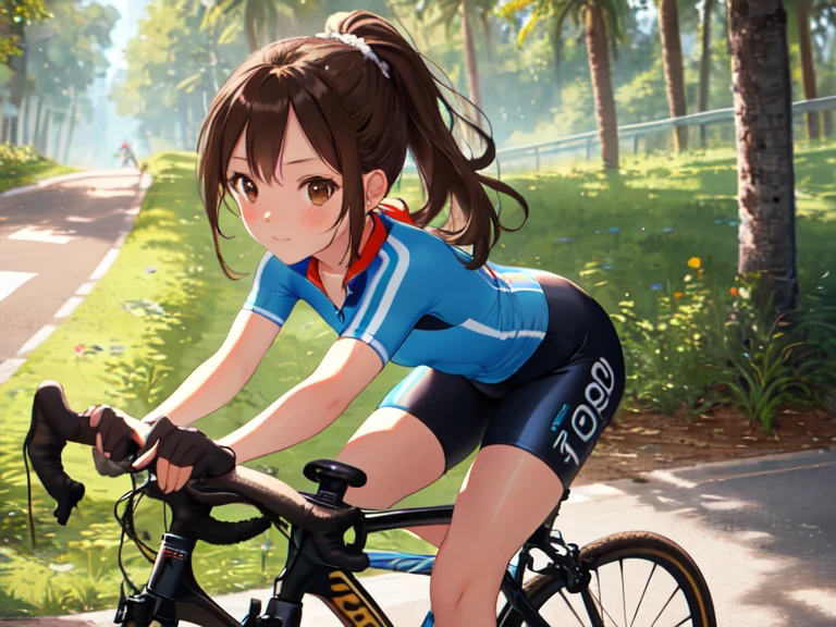 Riding a Bicycle, Cycling downhill, Swimwear, Cute face:1.5, petite:1.5, 15 years old, long hair:1.5, pony tail, Brown Hair, uhd, masterpiece, accurate, anatomically correct, textured skin, super detail, high details, high quality, best quality, highres, 16K