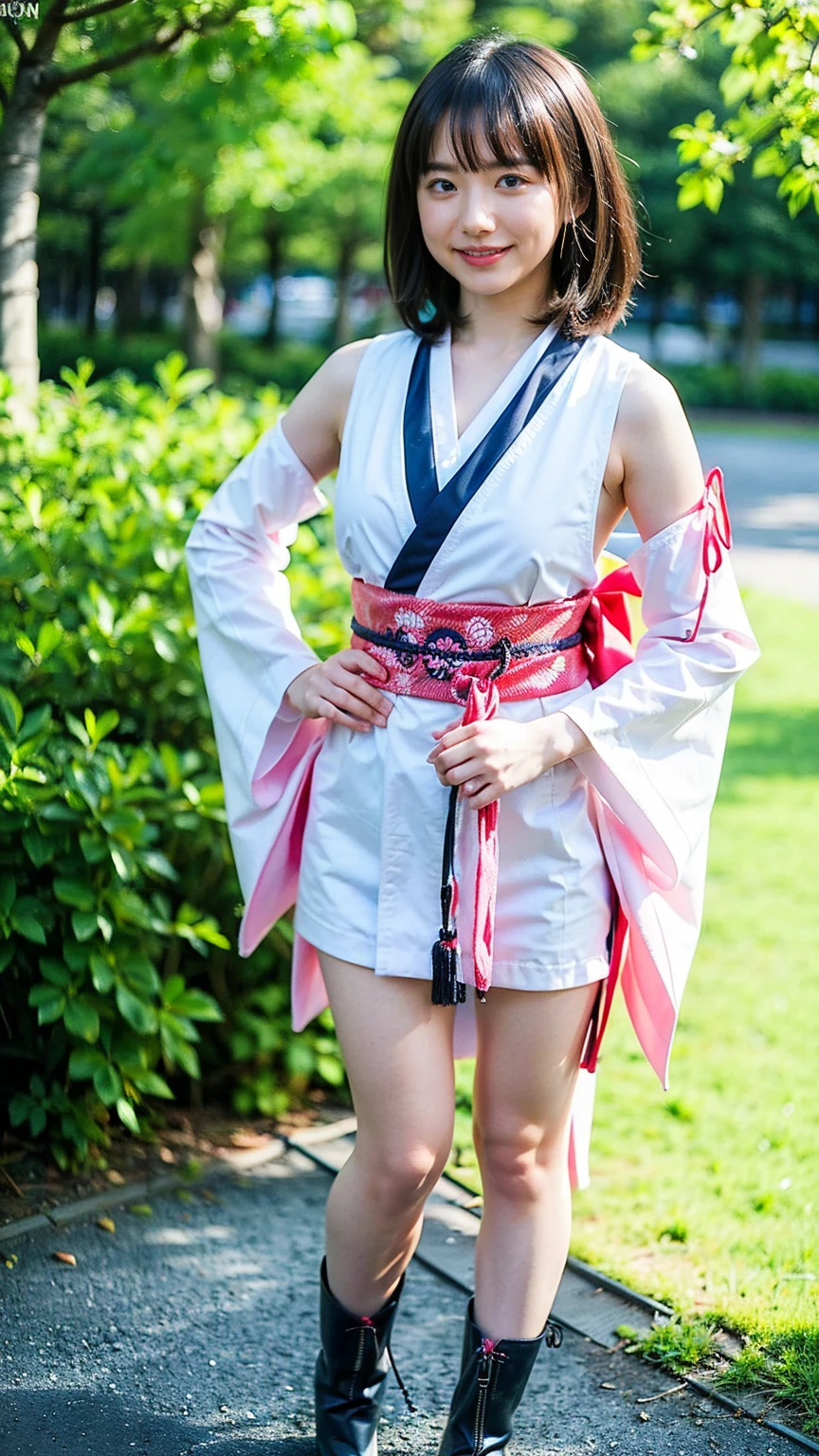 (8k、RAW Photos、Highest quality、masterpiece:1.2)、(Realistic、Realistic)、1 person、((Long-sleeved kimono、white、pink、navy blue、Shoulder visible、Breast enlargement、boots、ribbon、smile、Thin legs、whole body、View from the front、Looking into the camera、Stand with hands on hips))、cute