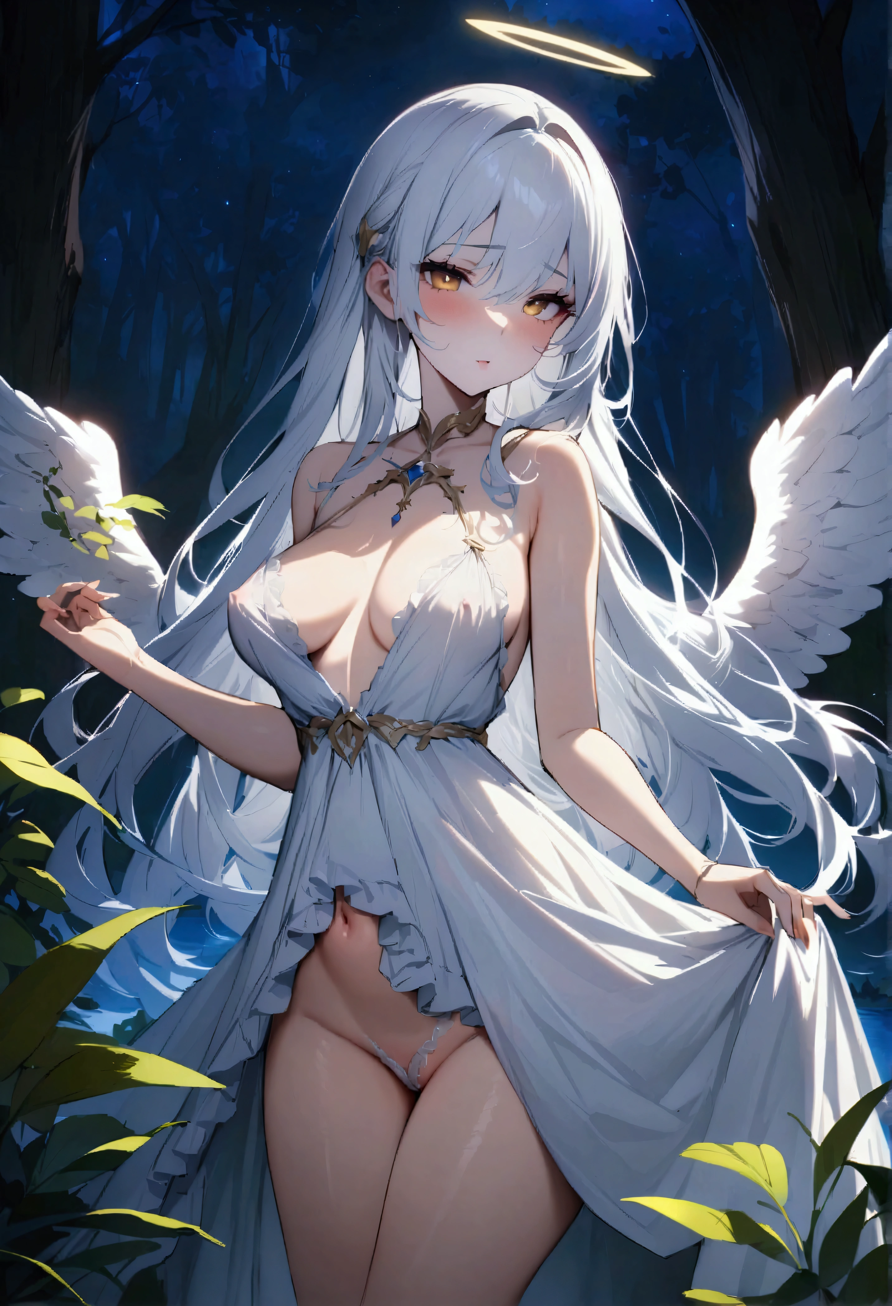 NSFW,masterpiece,Highest quality,High resolution,Very detailed,Girl,Silver Hair,long hair,Golden Eyes,Angel,wing,dress,In the forest at night,Lakeside