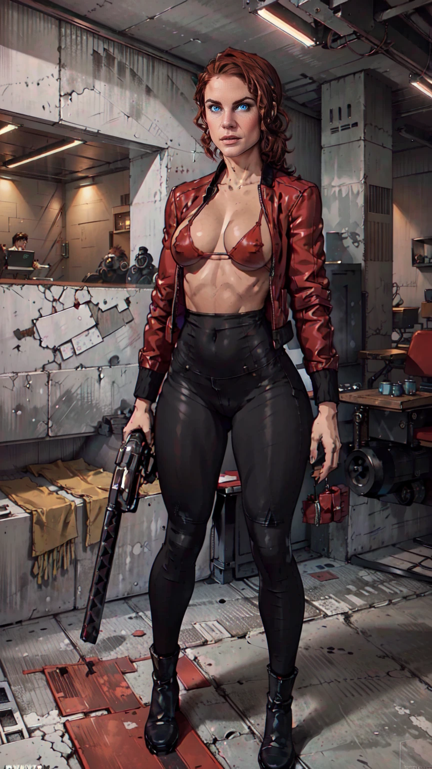 Score_9, score_8_up, ((Courtney Hope)), crimson red hair, short ponytail, wavy hair, single sidelock, low ponytail, Jesse Faden from CONTROL, Slim lightly toned build, (Small bust:1.3), (Pokie nipples), (strong glutes), best hands, perfect hands, flawless skin, anatomically correct, BREAK: (black:1.25) Fitted motorcycle/bomber jacket 1/4 cropped, (skin tight (red) micro bikini top under jacket:1.35), (black:1.3) bodycon jeans, matte black leather motorcycle boots, (holding 'Service Weapon':1.3), BREAK: (full length portrait), 1/4 turned, wide shot, UHD, 16k, best quality, masterpiece, BREAK: distorted brutalist office interior, warpped 1960s era office interior, brutalist design elements and white concrete walls