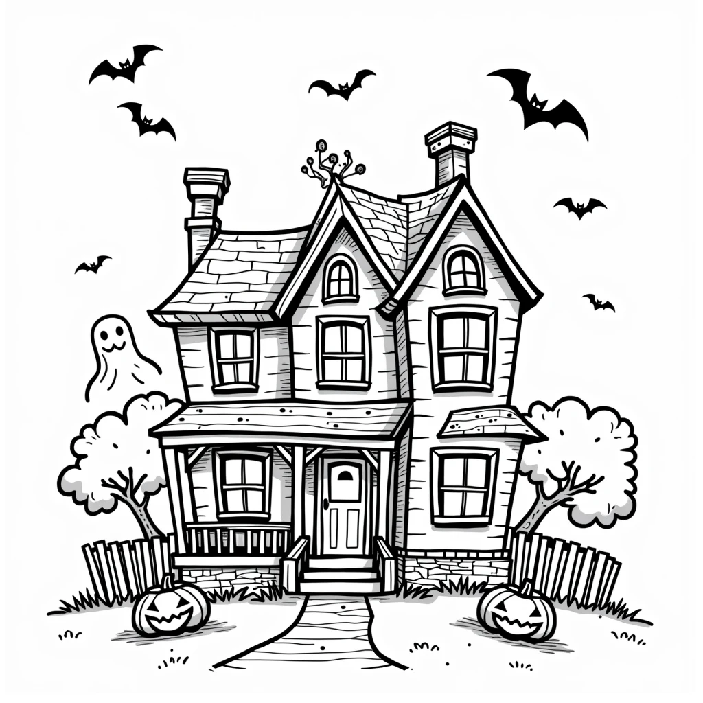Halloween horror house coloring Page, simple for toddlers, bold and easy, black lines White background, for a coloring book black and white, líne art, only outlines but the design is simple and bold