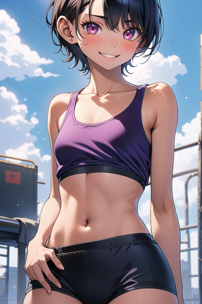 (((highest quality)), ((masterpiece)), (Very detailed), (Very high resolution), (Beautiful detailed sparkle), ((Anatomically correct)), (Ultra-high-definition CG)), ((Realistic)),
8k, Anime 2D Rendering, Ultra-detailed art, Perfect Line Drawing, Beautiful line art,
One Woman:1.5,
(Symmetrical facial features:1.4, Perfect Face), Beautiful clavicle, (Beautiful fingers, Five perfect fingers), (((Beautiful breasts, Slightly smaller chest))),
Beautiful body, Beautiful thighs, Beautiful feet, Perfect round butt, (((Detailed skin, Textured skin, Beautiful shiny white skin))),
BREAK
(Baby Face, cute, 18-year-old),
Double eyelids, Natural eyebrows, Long eyelashes,
(Expression of fine eyes, Beautiful and delicate eyes, Sparkling eyes, twinkle in the eyes, blue eyes),
(Beautiful Nose,Thin Nose),
(Glossy Lips, Beautiful Lips, thick lips),
(Beautiful Hair, Shiny Hair, Shiny Hair), Hair fluttering, (Blue Hair, blunt bangs, Short hair with outward curls:1.4),
BREAK
(track and field uniform:1.4、Sports Bra)、Star-shaped earrings、
BREAK
(Enchanting、Embarrassed expression、Laughing expression), (Character Focus、breast focus), (look back、Look up here)、Spread your hands