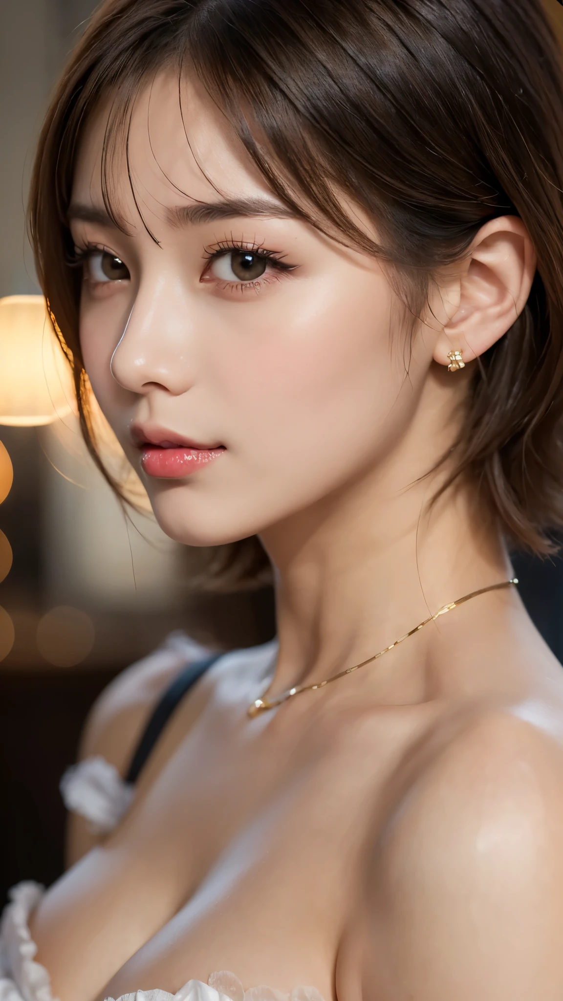 (photorealistic, 32k, RAW photo, best quality: 1.5), (masterpiece:1.3), (absurdres, attractive, ultra high resolution, ultra realistic, highly detailed, golden ratio, ultra detailed, super fucking beautiful detailed face), natural makeup, detailed cloth texture, detailed hair texture, beautiful detailed fullbody, Perfect female body, accurate, Anatomically correct, Highly detailed face and skin texture, (beautiful hands), (realistic skin), (beautiful pale skin:1.1), (Perfect dynamic composition, looking at viewer), (cowboy shot:1.3), (French Maid Uniform:1.4),
BREAK,
realistic eyes, beautiful detailed eyes, symmetric eyes, Light Brown eyes, Double eyelids, Thin eyebrows, (Glossy lips:1.4), ((A face with waiting for a kiss:1.2)), (blush:1.1),
BREAK,
((short hair, bob, Dark blonde hair, bangs:1.2)),