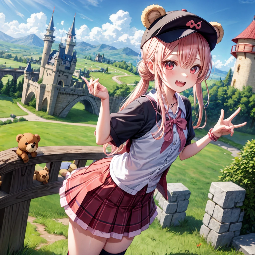 Pink Blonde、Red eyes、Hair tied up、Two cute、Checked mini skirt、black t-shirts、cardigan、Knee-high socks、bear ears baseball cap、Teeth are visible、Monster Castle、Tilting face、crossing the bridge、hazakura、windmill、grass、Stones are growing out of the ground.、impregnable、A teddy bear is walking