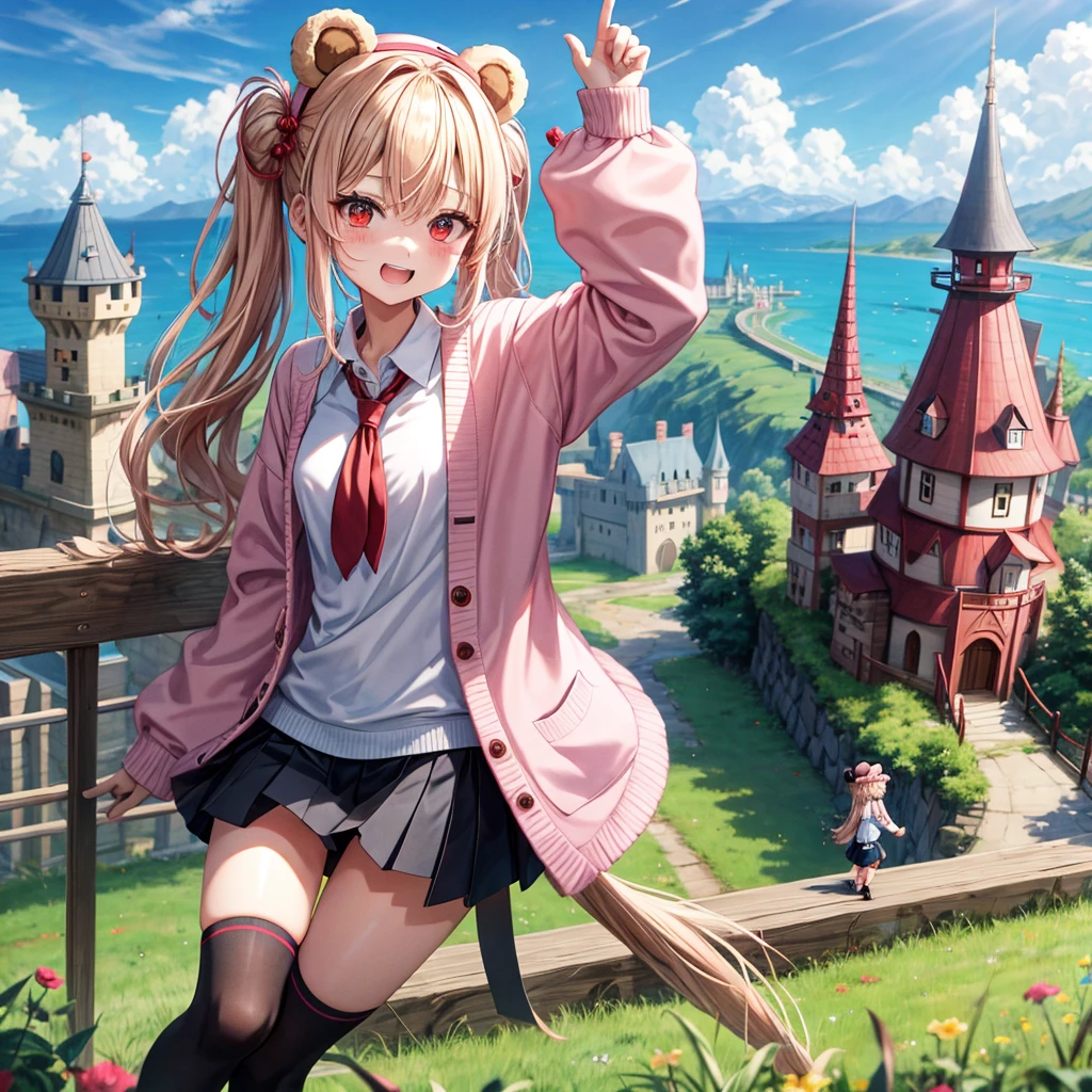 Pink Blonde、Red eyes、Hair tied up、Two cute、Checked mini skirt、black t-shirts、cardigan、Knee-high socks、bear ears baseball cap、Teeth are visible、Monster Castle、Tilting face、crossing the bridge、hazakura、windmill、grass、Stones are growing out of the ground.、impregnable、A teddy bear is walking