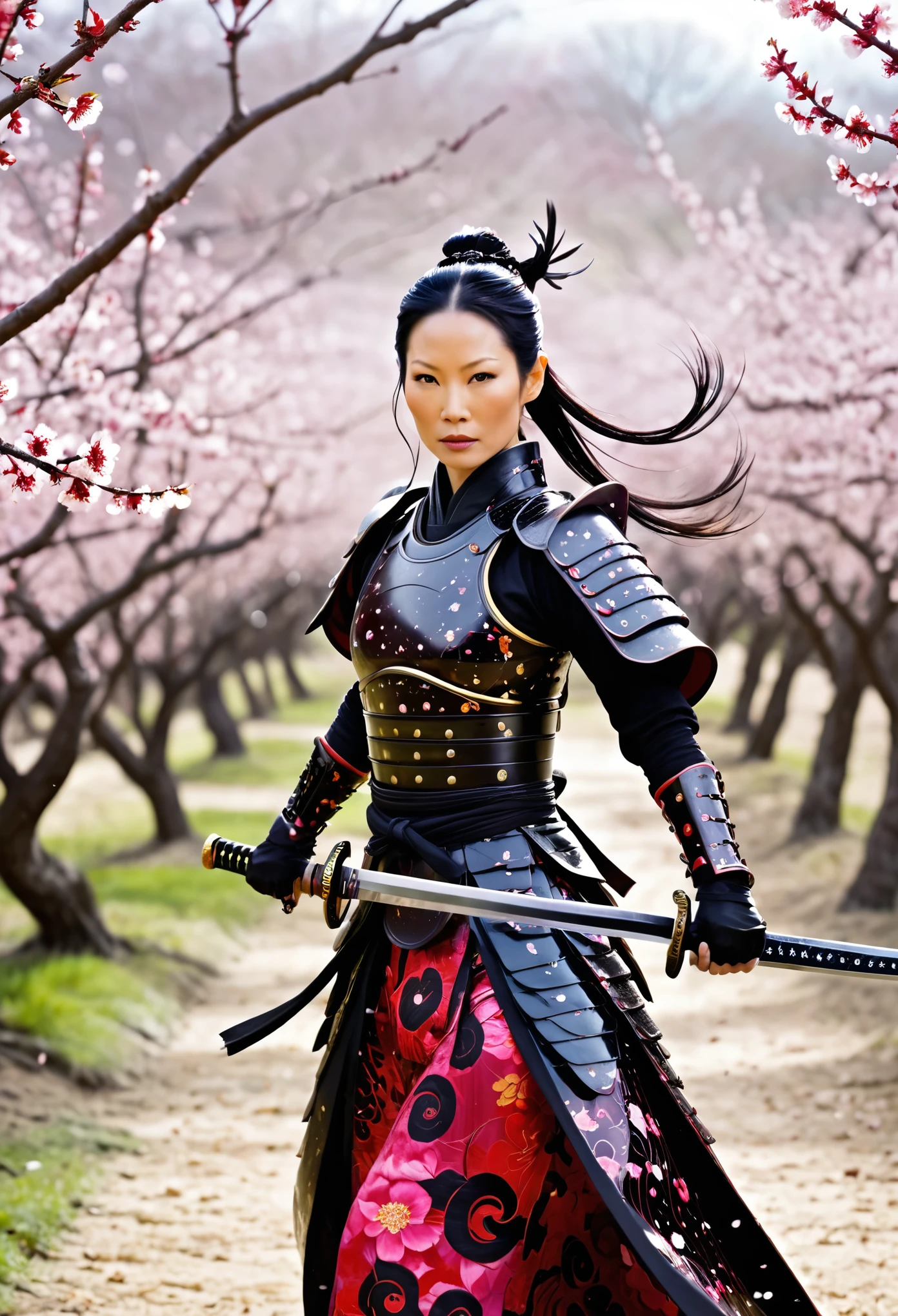 Lucy Liu in feminine samurai battle armor, brightly colored demon themed, dark energy swirls around her, wielding an intricate black bladed sword, she is moving through a cherry orchard, cherry petals falling around her like snow, hateful look on her face, show her from head to toe, show her entire body
